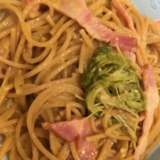 レンジで豆苗とベーコンパスタ